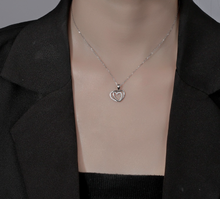 925 Sterling Silver Double Heart-shaped Necklace For Women